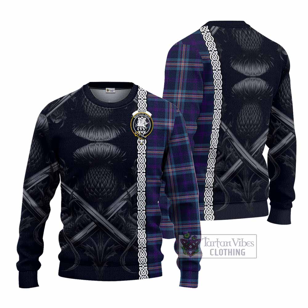 Nevoy Tartan Knitted Sweater with Family Crest Cross Sword Thistle Celtic Vibes - Tartan Vibes Clothing
