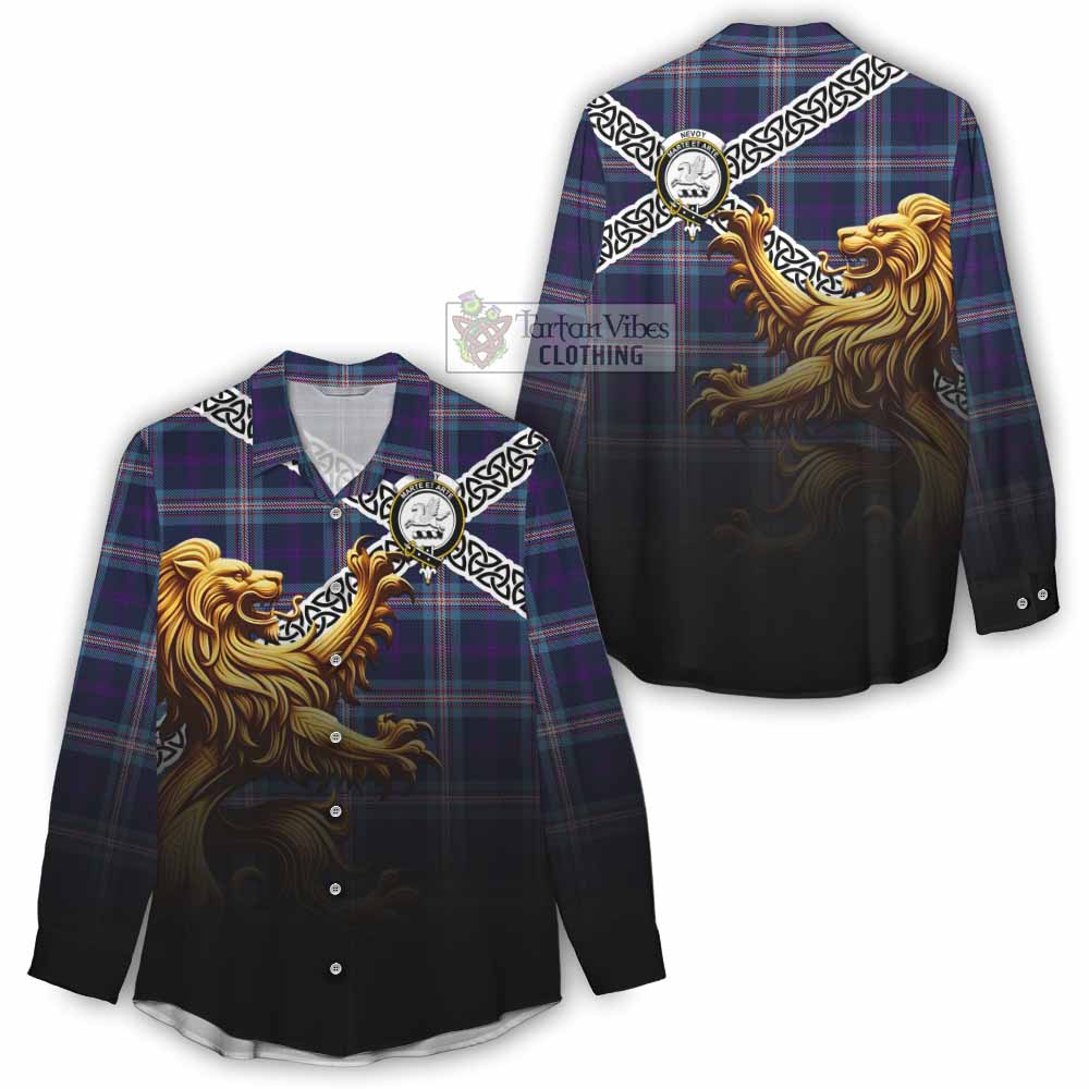 Nevoy Crest Tartan Women's Casual Shirt with Golden Lion Emblem Celtic Style - Tartan Vibes Clothing