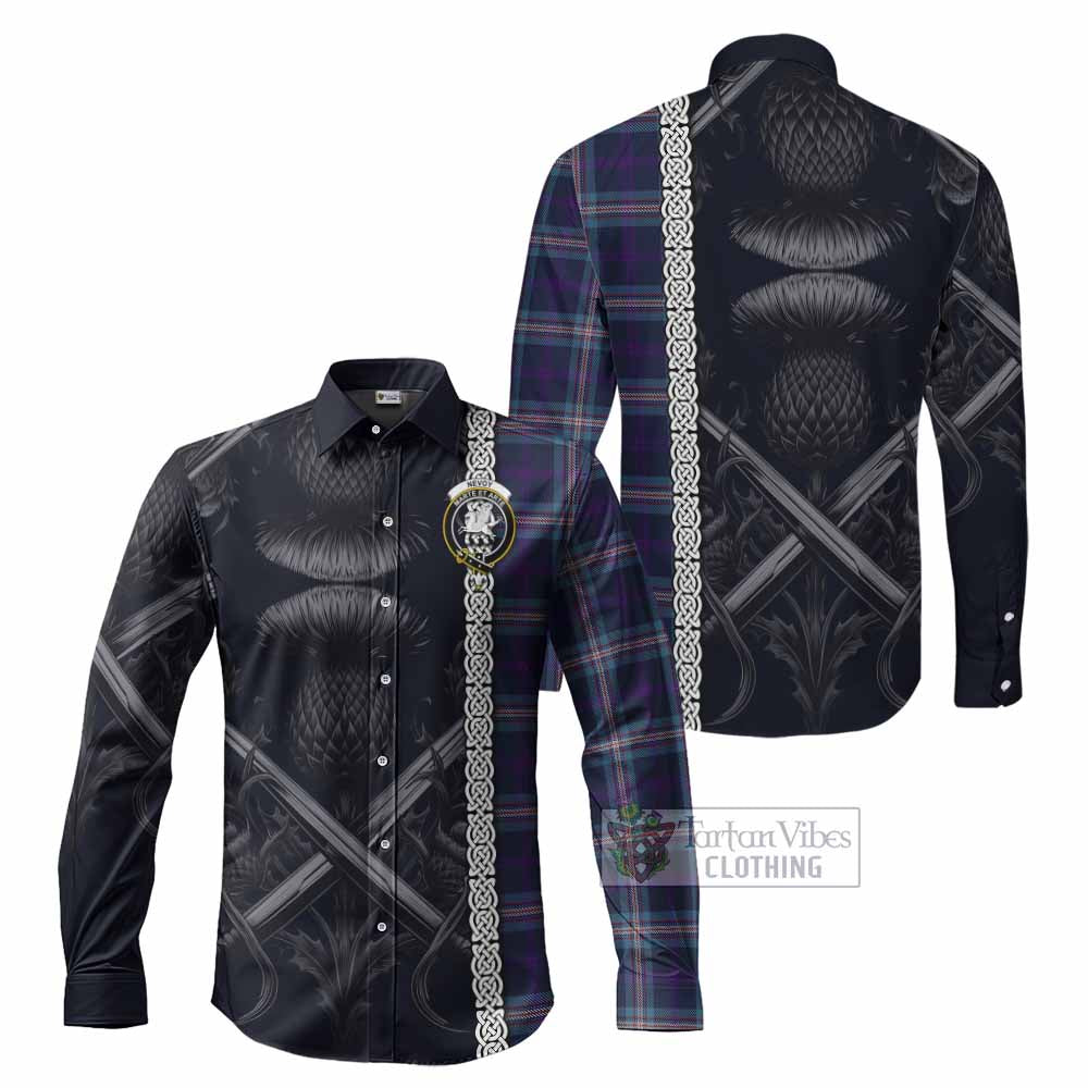 Tartan Vibes Clothing Nevoy Tartan Long Sleeve Button Shirt with Family Crest Cross Sword Thistle Celtic Vibes