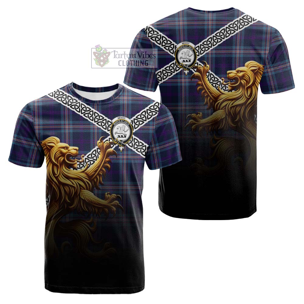 Nevoy Crest Tartan Cotton T-shirt with Golden Lion Emblem Celtic Style - Tartan Vibes Clothing