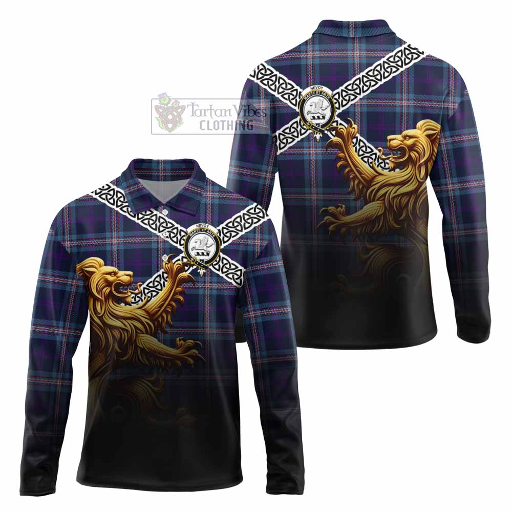 Nevoy Crest Tartan Long Sleeve Polo Shirt with Golden Lion Emblem Celtic Style - Tartan Vibes Clothing