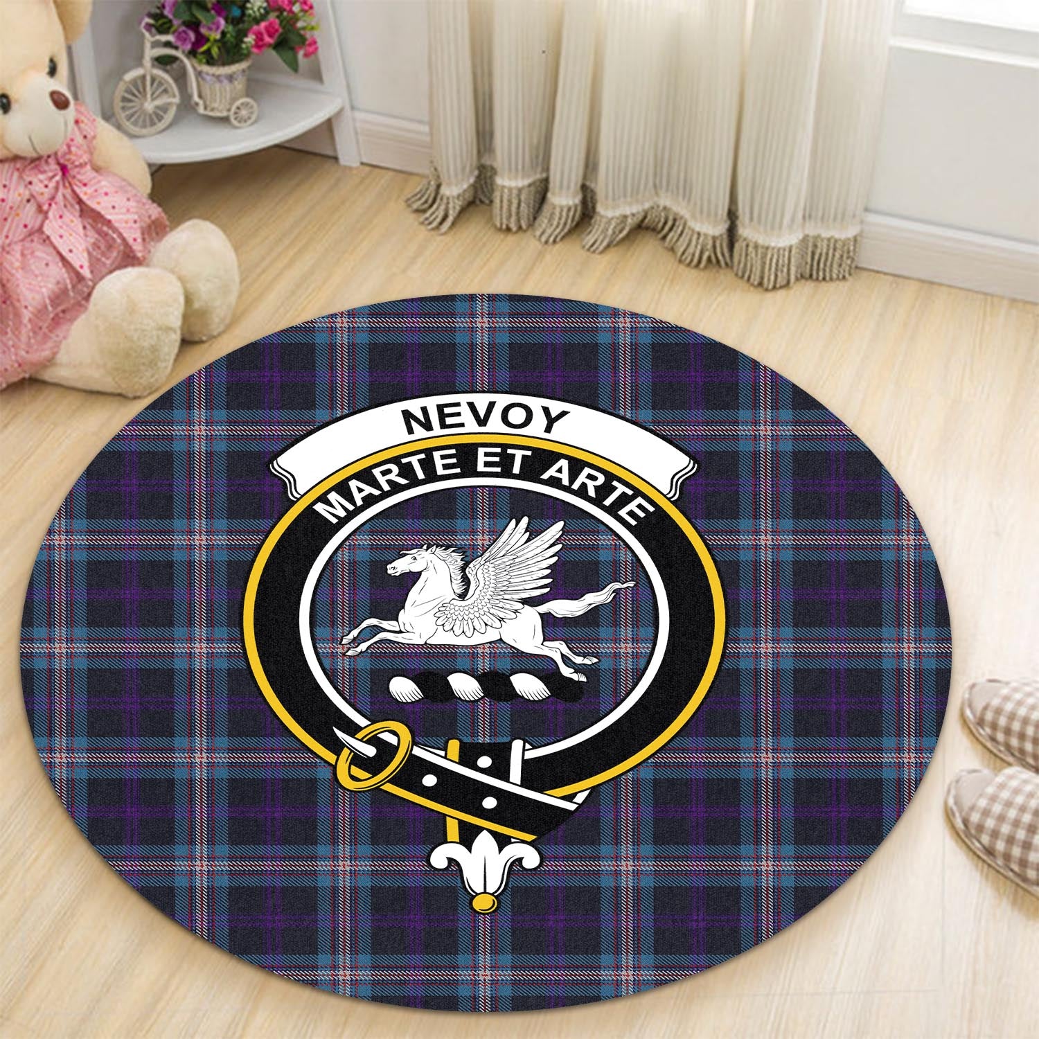 Nevoy Tartan Round Rug with Family Crest - Tartan Vibes Clothing