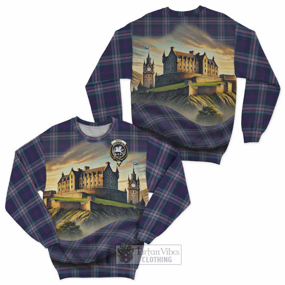 Nevoy Tartan Family Crest Sweatshirt with Scottish Ancient Castle Style - Tartan Vibes Clothing
