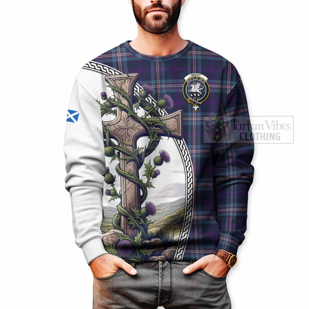 Nevoy Tartan Sweatshirt with Family Crest and St. Andrew's Cross Accented by Thistle Vines - Tartan Vibes Clothing