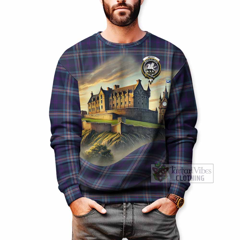 Nevoy Tartan Family Crest Sweatshirt with Scottish Ancient Castle Style - Tartan Vibes Clothing