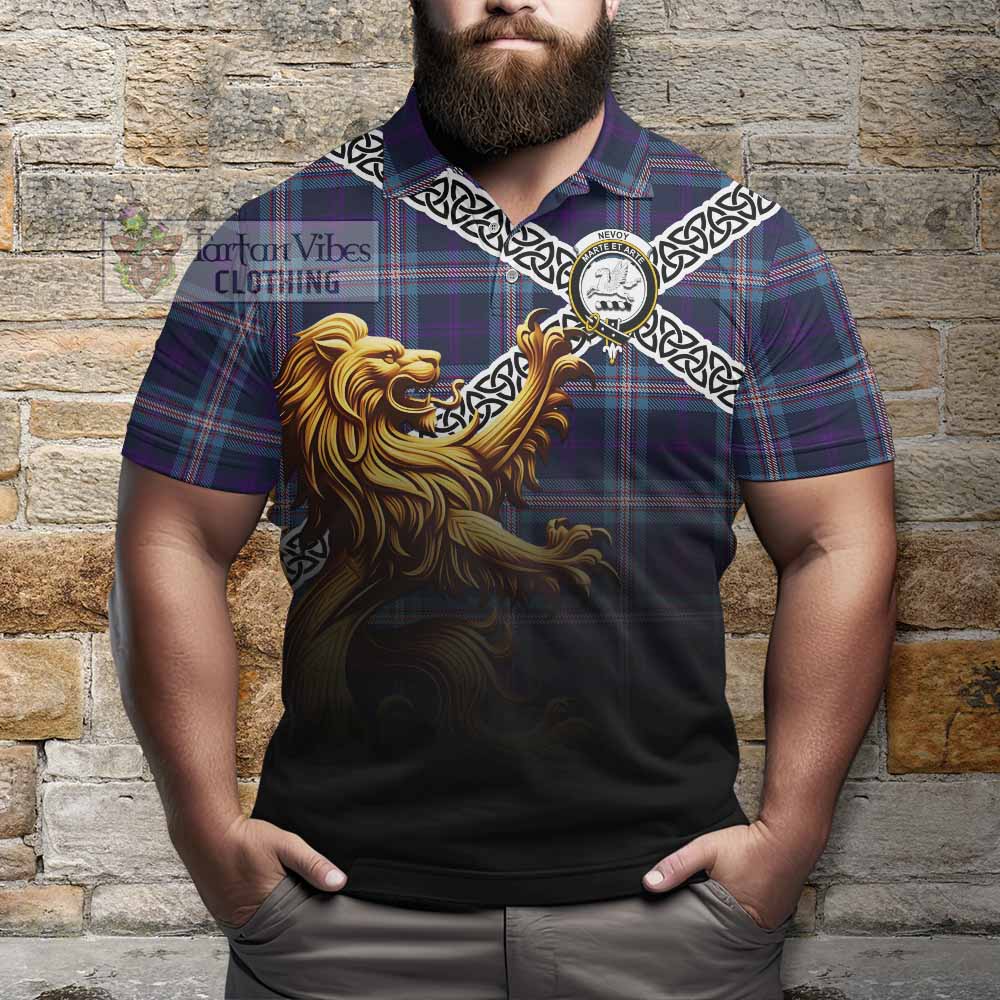 Nevoy Crest Tartan Polo Shirt with Golden Lion Emblem Celtic Style - Tartan Vibes Clothing