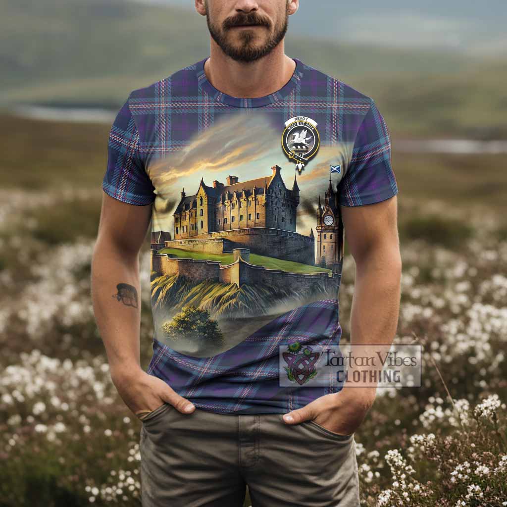 Nevoy Tartan Family Crest T-Shirt with Scottish Ancient Castle Style - Tartan Vibes Clothing