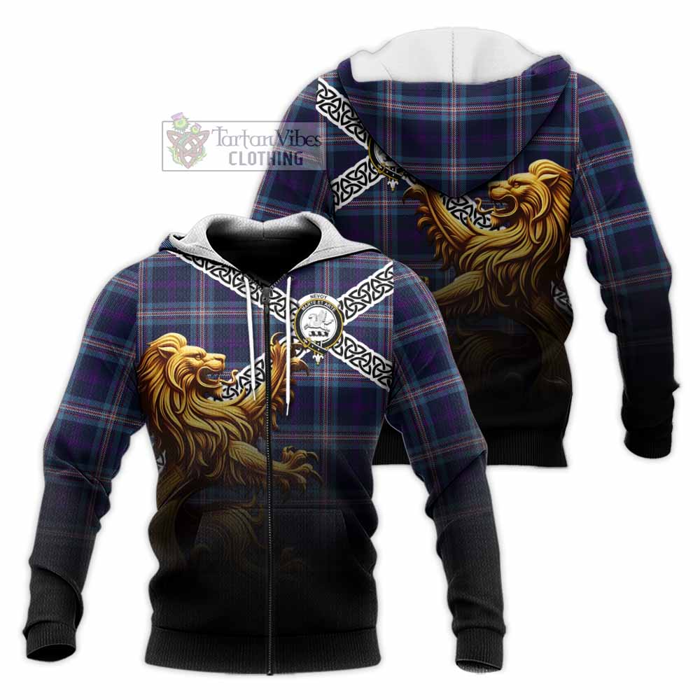 Nevoy Crest Tartan Knitted Hoodie with Golden Lion Emblem Celtic Style Unisex Knitted Zip Hoodie - Tartan Vibes Clothing