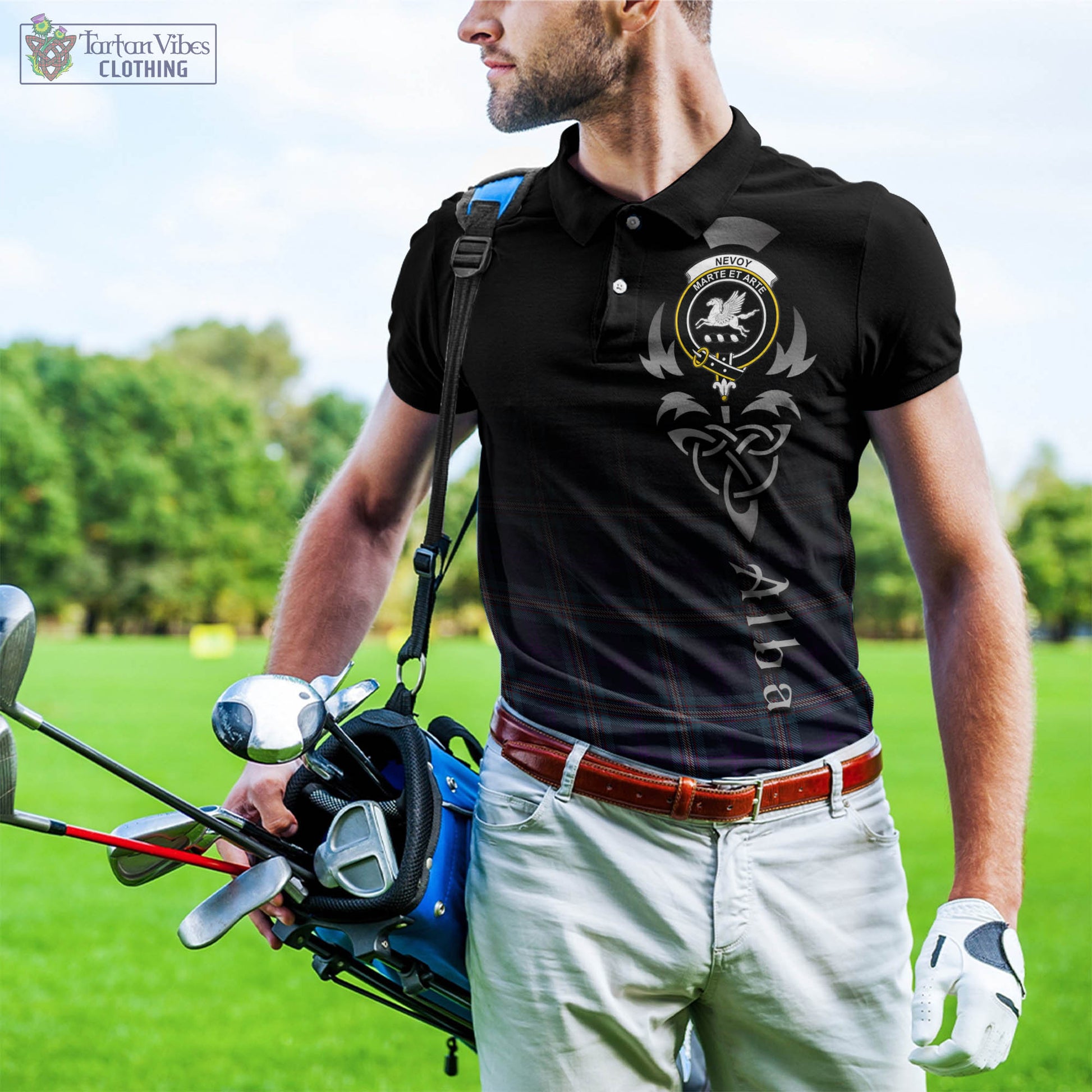 Nevoy Tartan Polo Shirt Featuring Alba Gu Brath Family Crest Celtic Inspired - Tartan Vibes Clothing