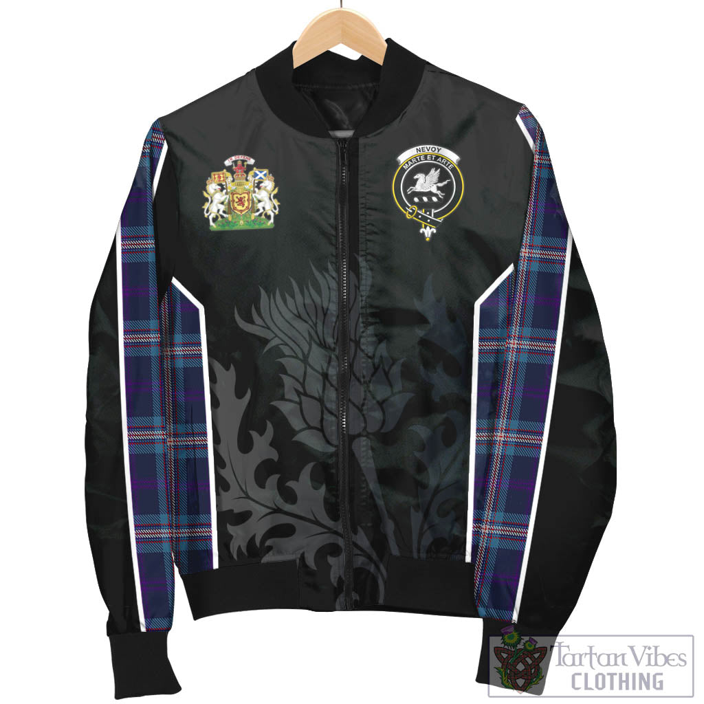Nevoy Tartan Bomber Jacket with Family Crest and Scottish Thistle Vibes Sport Style - Tartan Vibes Clothing