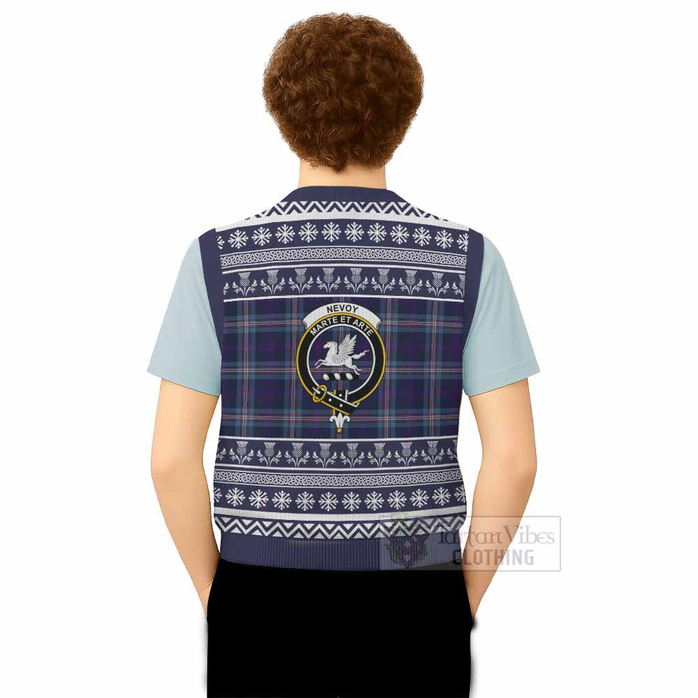 Nevoy Clan Tartan Christmas Knitted V-Neck Vest with Family Crest - Tartan Vibes Clothing