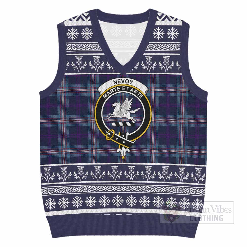 Nevoy Clan Tartan Christmas Knitted V-Neck Vest with Family Crest - Tartan Vibes Clothing