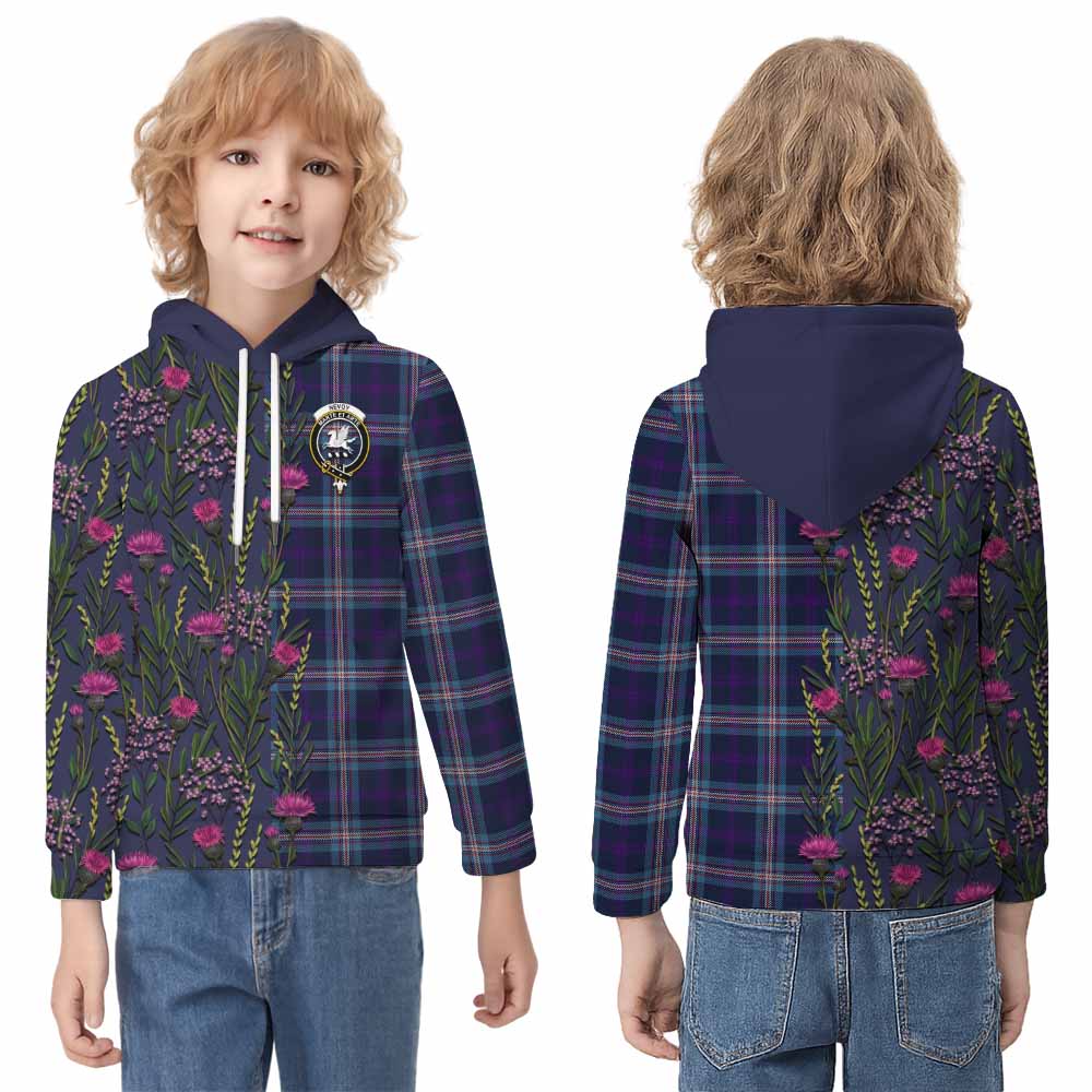Nevoy Family Crest Tartan Kid Hoodie Scottish Thistle Flower Pattern Half Style - Tartan Vibes Clothing