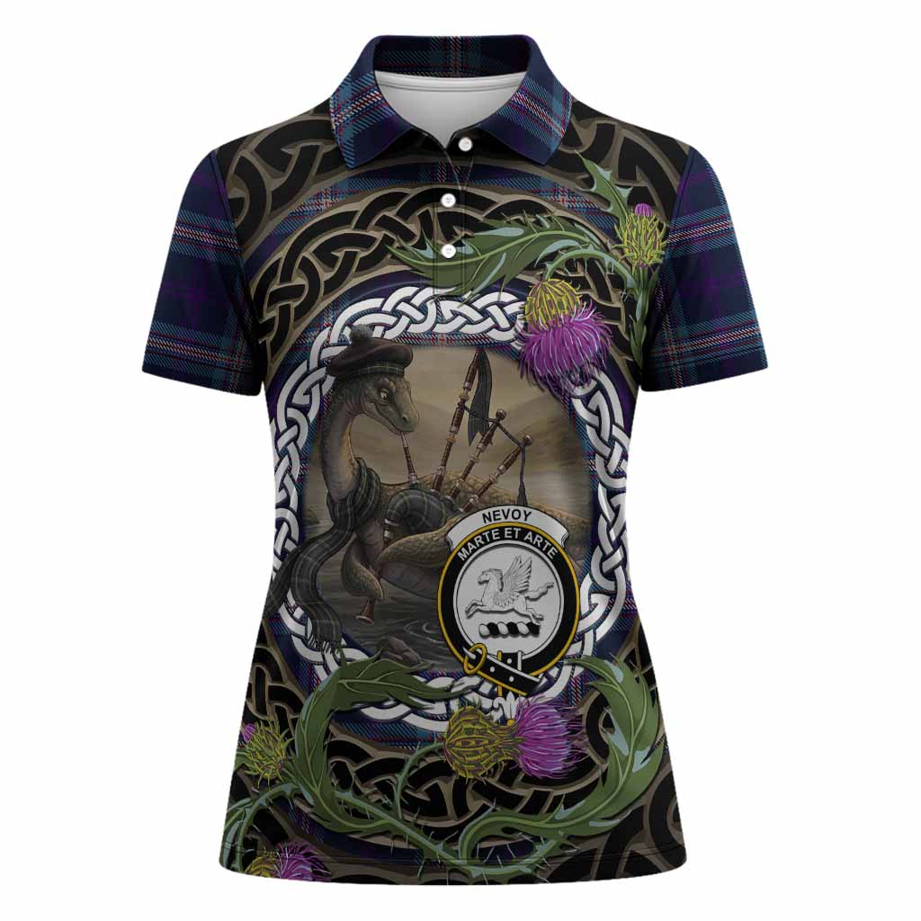 Nevoy Tartan Crest Bagpipe Nessie Women Polo Shirt Scottish Loch Ness Monster Celtic Thistle