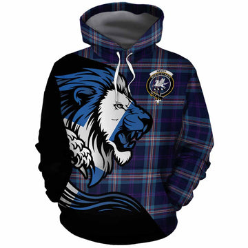 Nevoy Tartan Crest Cotton Hoodie Scottish Golden Lions Wave Flow