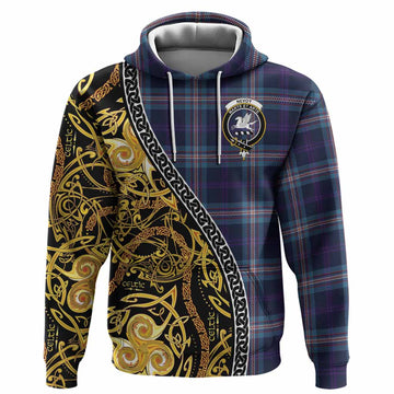 Nevoy Tartan Crest Hoodie Celtic Knot and Triple Trickle Spiral Symbols