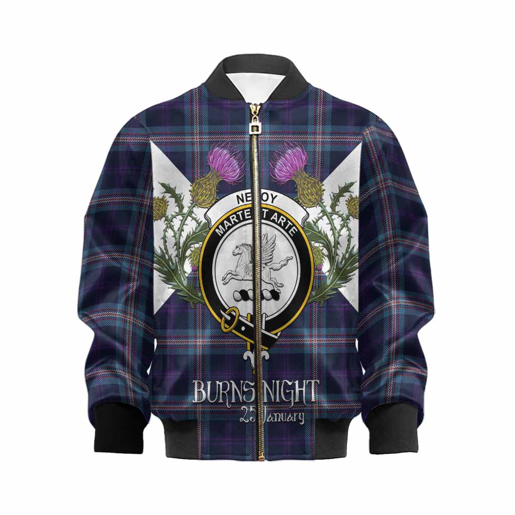 Nevoy Tartan Family Crest Kid Bomber Jacket Scottish Burns Night Thistle Floral