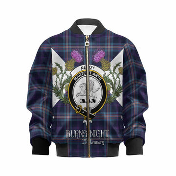 Nevoy Tartan Family Crest Kid Bomber Jacket Scottish Burns Night Thistle Floral