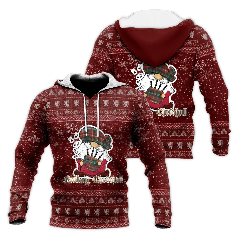New Brunswick Province Canada Clan Christmas Knitted Hoodie with Funny Gnome Playing Bagpipes Red - Tartanvibesclothing