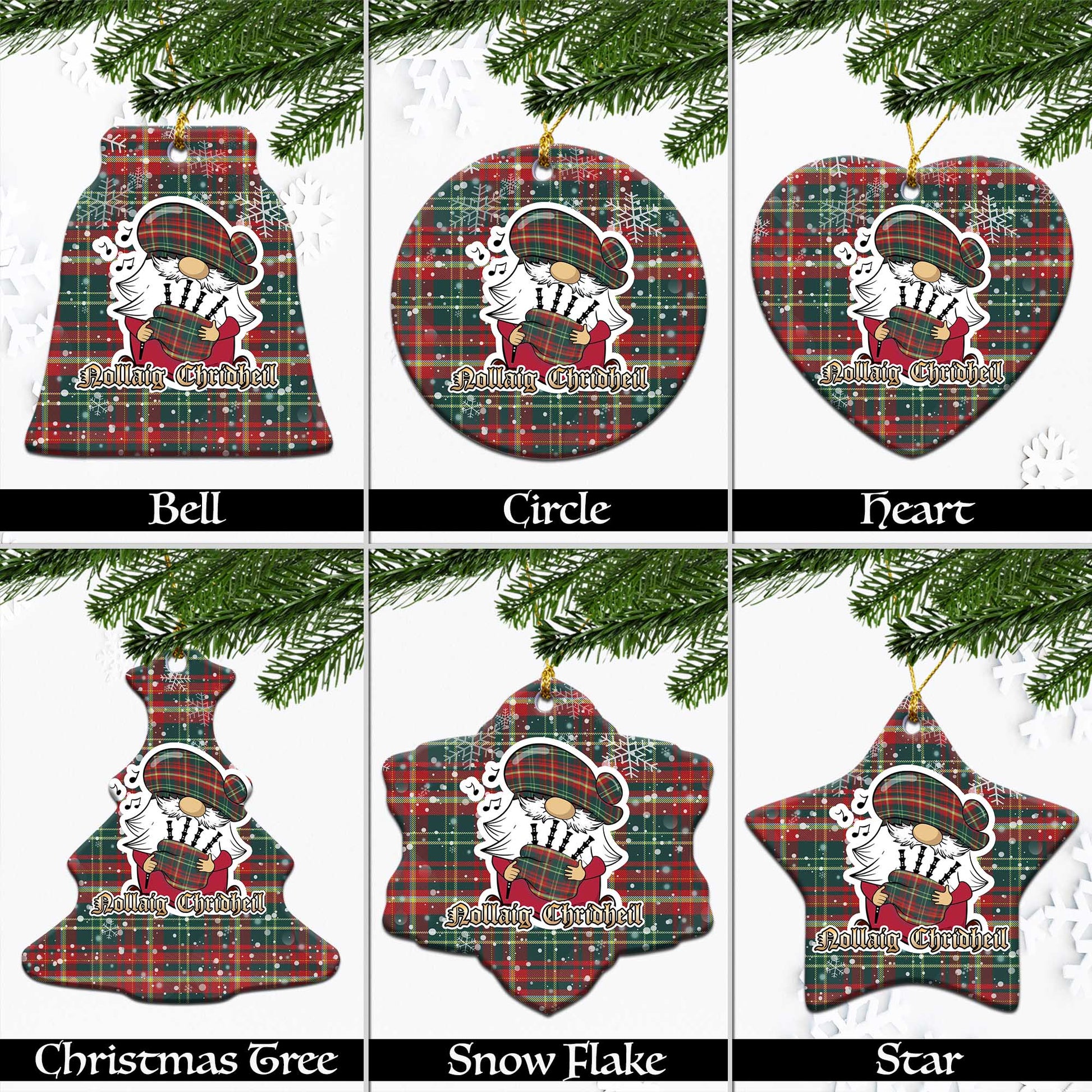 New Brunswick Province Canada Tartan Christmas Ornaments with Scottish Gnome Playing Bagpipes Ceramic - Tartanvibesclothing Shop