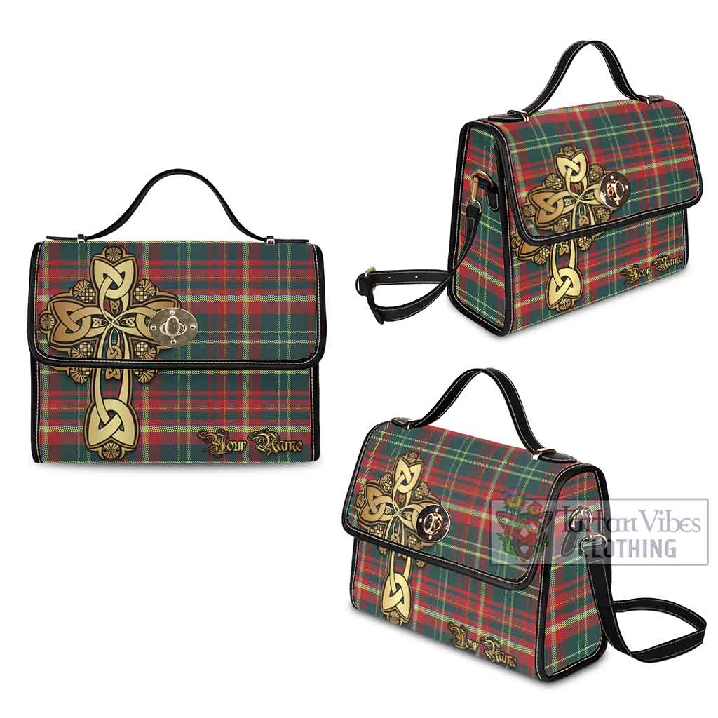 Tartan Vibes Clothing New Brunswick Province Canada Tartan Waterproof Canvas Bag Golden Thistle Celtic Cross Style