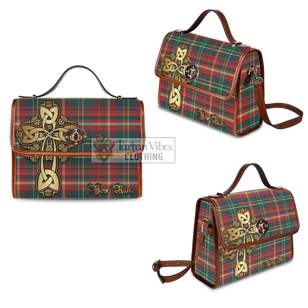 Tartan Vibes Clothing New Brunswick Province Canada Tartan Waterproof Canvas Bag Golden Thistle Celtic Cross Style
