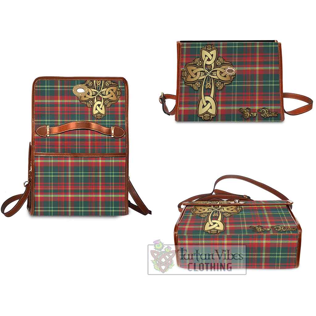 Tartan Vibes Clothing New Brunswick Province Canada Tartan Waterproof Canvas Bag Golden Thistle Celtic Cross Style