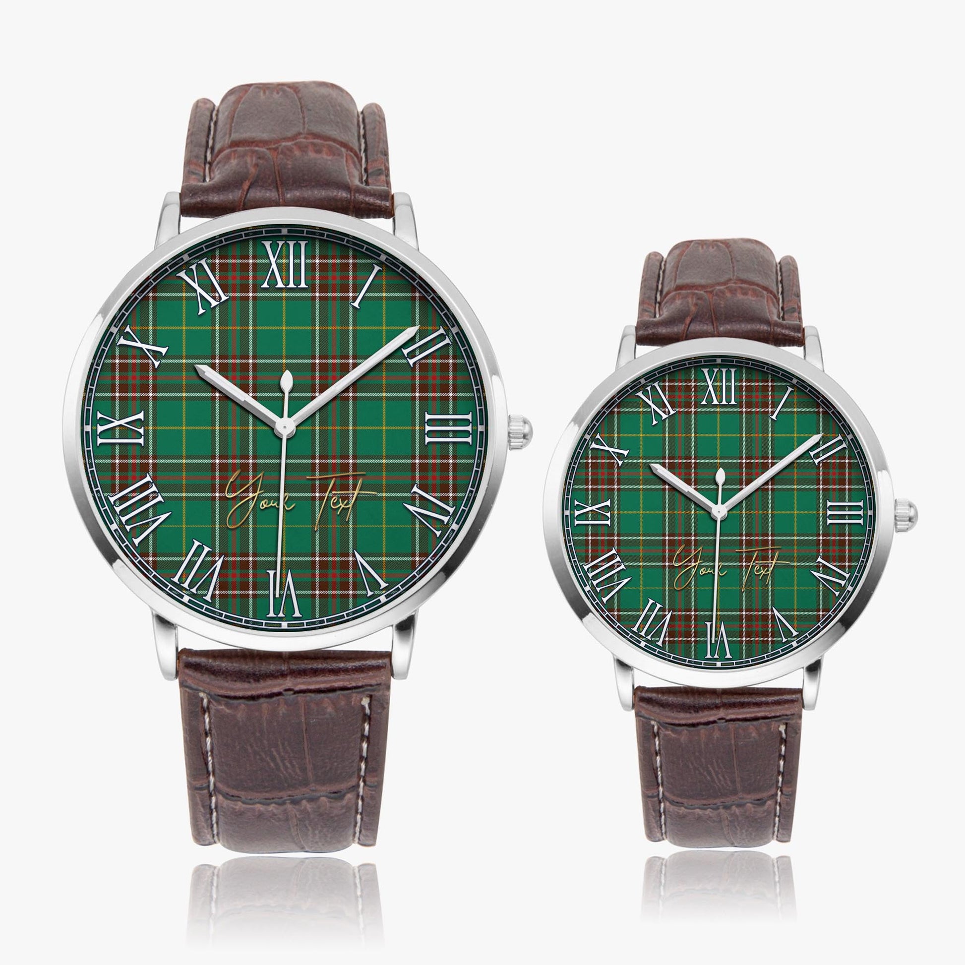 Newfoundland And Labrador Province Canada Tartan Personalized Your Text Leather Trap Quartz Watch Ultra Thin Silver Case With Brown Leather Strap - Tartanvibesclothing