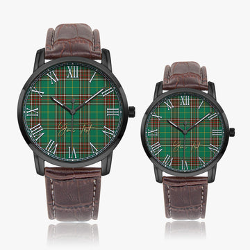Newfoundland And Labrador Province Canada Tartan Personalized Your Text Leather Trap Quartz Watch Wide Type Black Case With Brown Leather Strap - Tartanvibesclothing