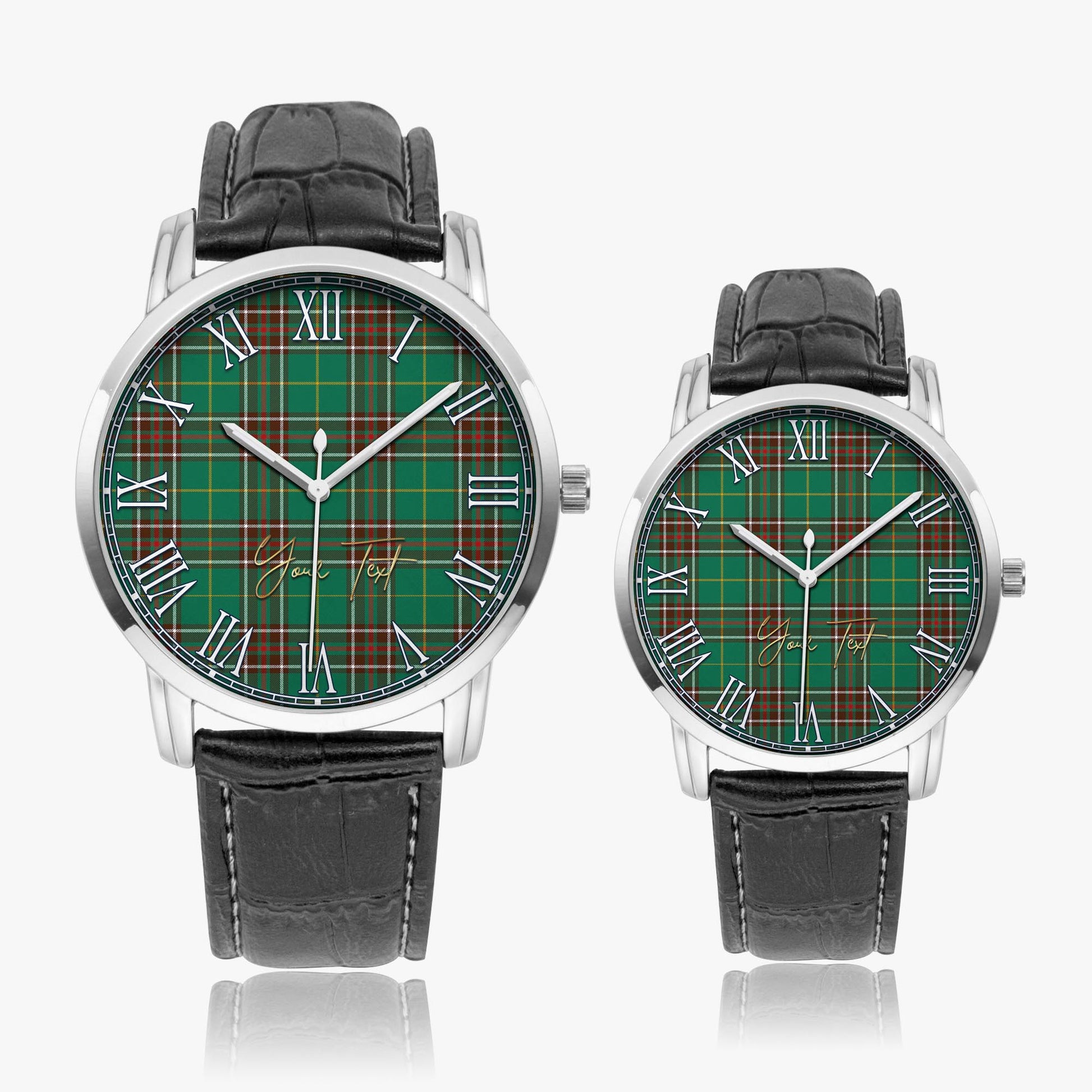 Newfoundland And Labrador Province Canada Tartan Personalized Your Text Leather Trap Quartz Watch Wide Type Silver Case With Black Leather Strap - Tartanvibesclothing