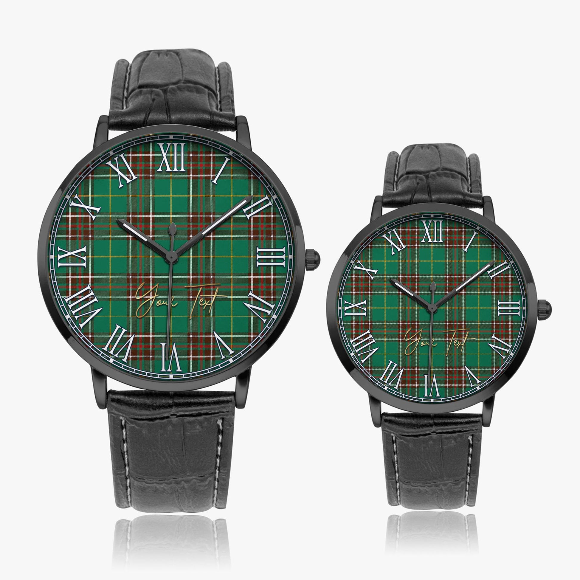 Newfoundland And Labrador Province Canada Tartan Personalized Your Text Leather Trap Quartz Watch Ultra Thin Black Case With Black Leather Strap - Tartanvibesclothing