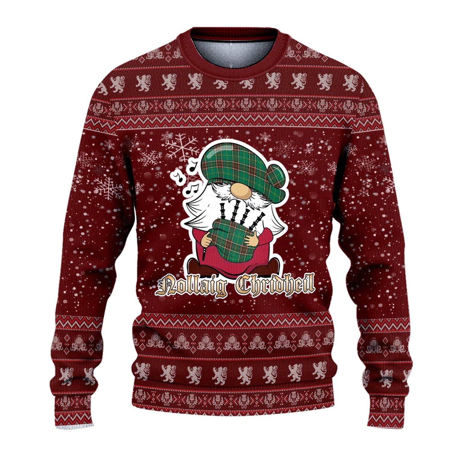 Newfoundland And Labrador Province Canada Clan Christmas Family Knitted Sweater with Funny Gnome Playing Bagpipes - Tartanvibesclothing