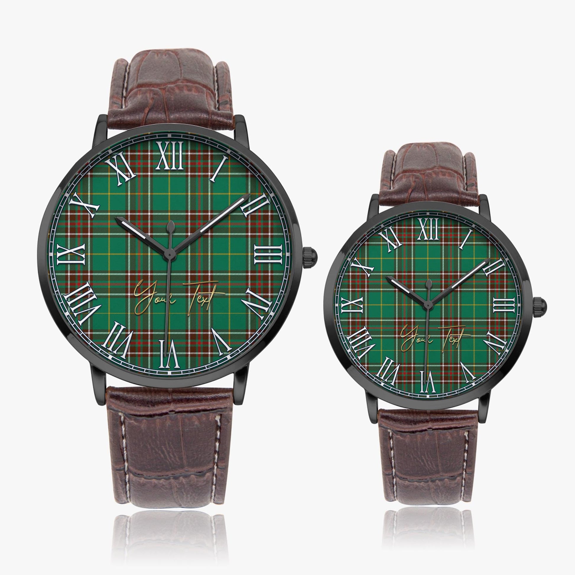 Newfoundland And Labrador Province Canada Tartan Personalized Your Text Leather Trap Quartz Watch Ultra Thin Black Case With Brown Leather Strap - Tartanvibesclothing
