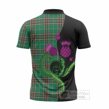 Newfoundland And Labrador Province Canada Tartan Zipper Polo Shirt Traditional Scottish Thistle