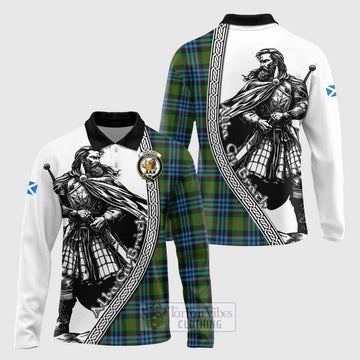 Newlands Tartan Clan Crest Long Sleeve Polo Shirt with Highlander Warrior Celtic Style Unisex - Tartan Vibes Clothing