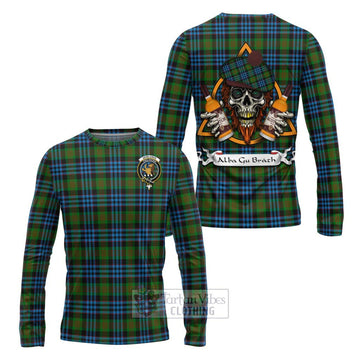 Newlands Tartan Long Sleeve T-Shirt with Family Crest and Bearded Skull Holding Bottles of Whiskey Unisex - Tartan Vibes Clothing