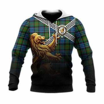 Tartan Vibes Clothing Newlands Crest Tartan Knitted Hoodie with Golden Lion Emblem Celtic Style