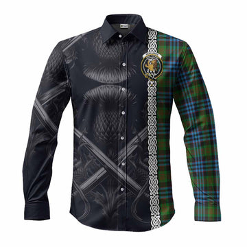 Tartan Vibes Clothing Newlands Tartan Long Sleeve Button Shirt with Family Crest Cross Sword Thistle Celtic Vibes