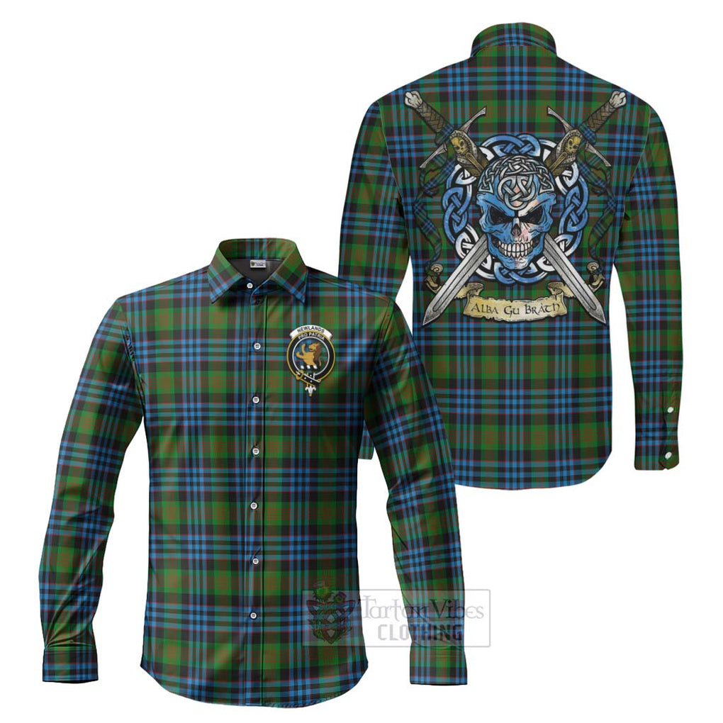 Newlands Tartan Long Sleeve Button Shirt with Family Crest Celtic Skull Style Men's Shirt S - Tartan Vibes Clothing
