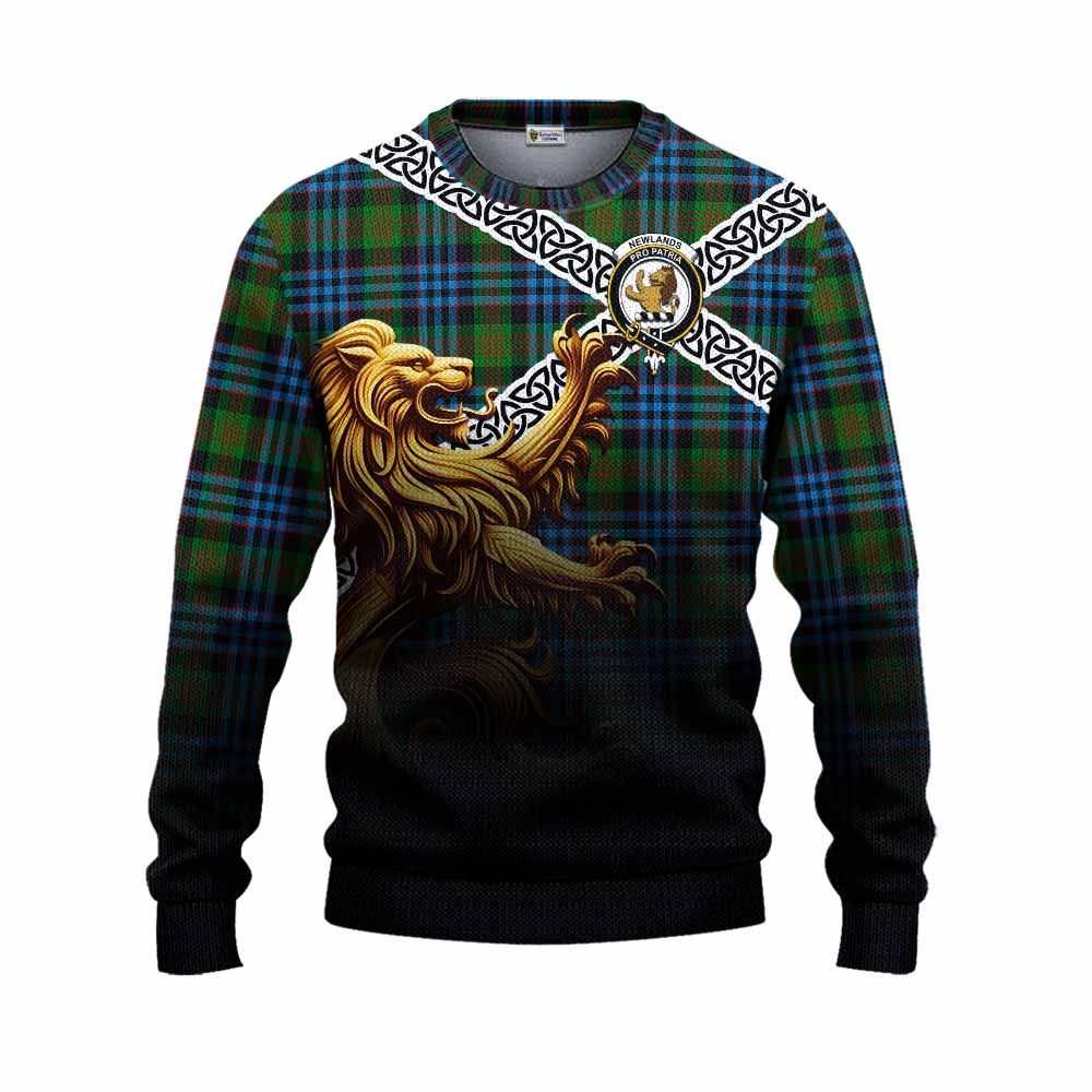 Newlands Crest Tartan Knitted Sweater with Golden Lion Emblem Celtic Style Unisex - Tartan Vibes Clothing