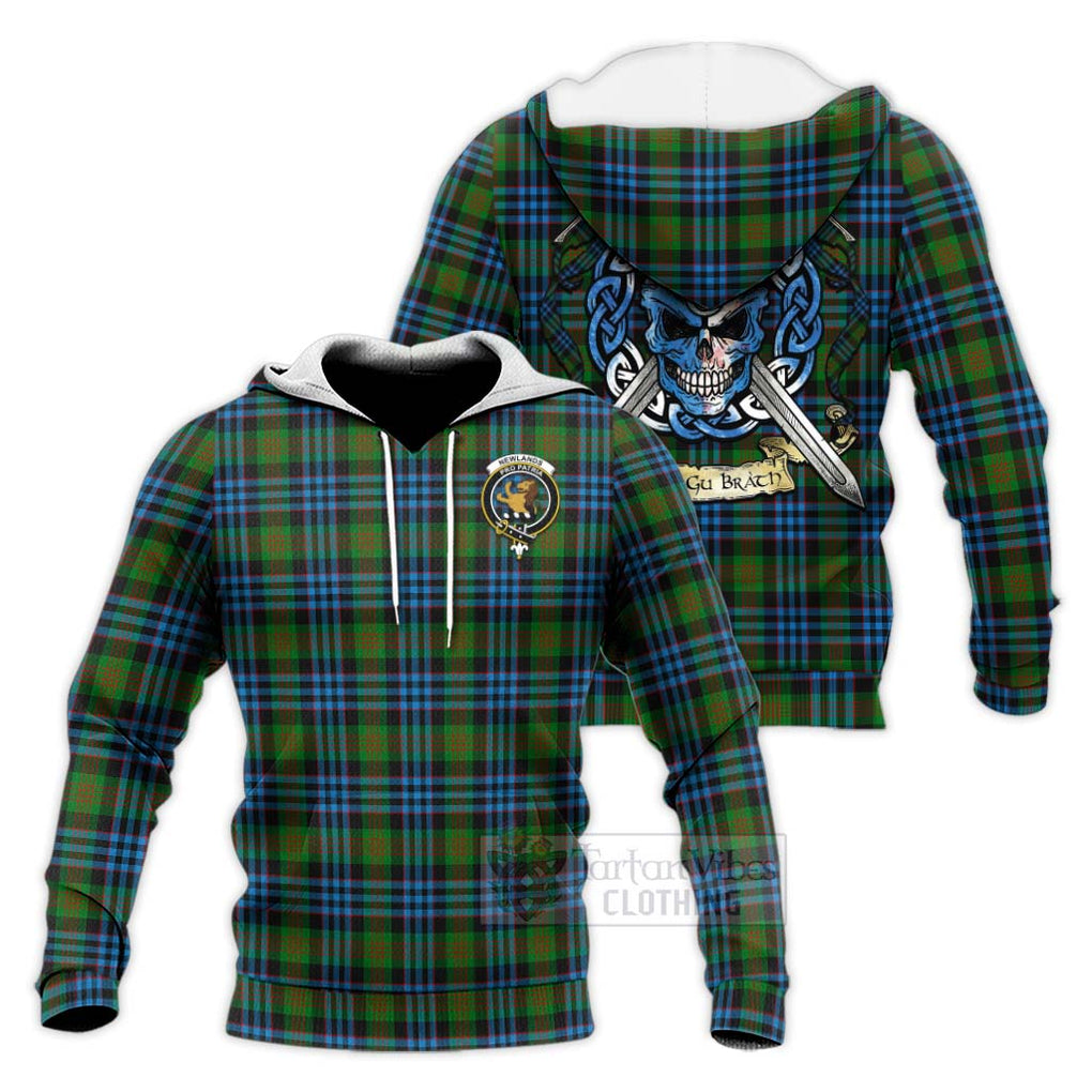 Newlands Tartan Knitted Hoodie with Family Crest Celtic Skull Style Unisex Knitted Pullover Hoodie - Tartan Vibes Clothing