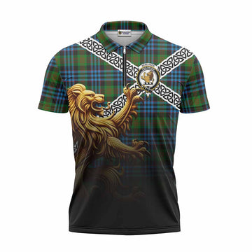Newlands Crest Tartan Zipper Polo Shirt with Golden Lion Emblem Celtic Style Unisex - Tartan Vibes Clothing