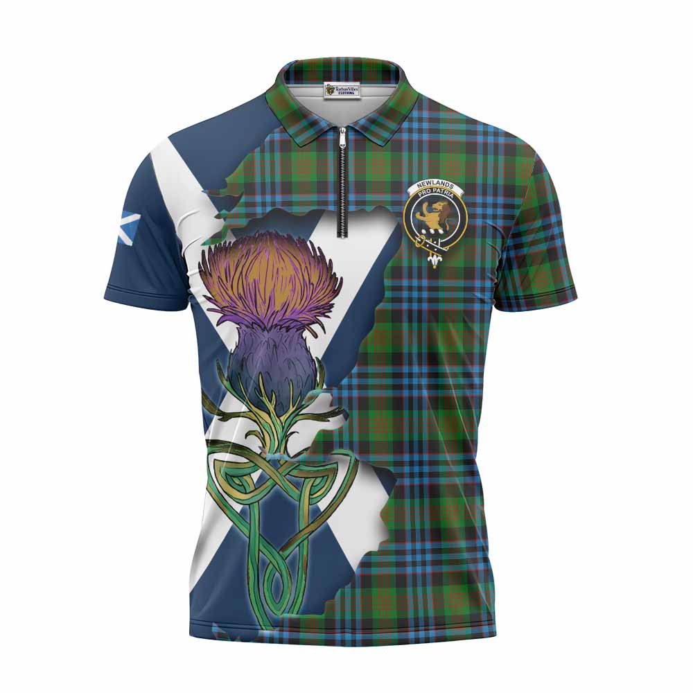Newlands Tartan Family Crest Zipper Polo Shirt Scottish Thistle Celtic Inspired Unisex - Tartan Vibes Clothing