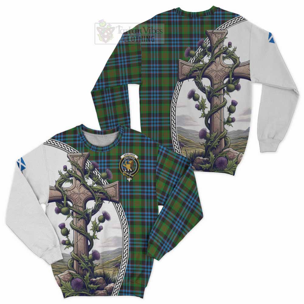 Tartan Vibes Clothing Newlands Tartan Sweatshirt with Family Crest and St. Andrew's Cross Accented by Thistle Vines