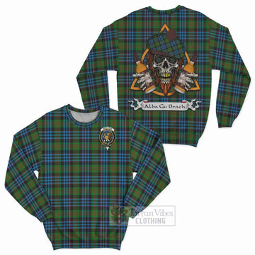 Newlands Tartan Sweatshirt with Family Crest and Bearded Skull Holding Bottles of Whiskey Unisex - Tartan Vibes Clothing