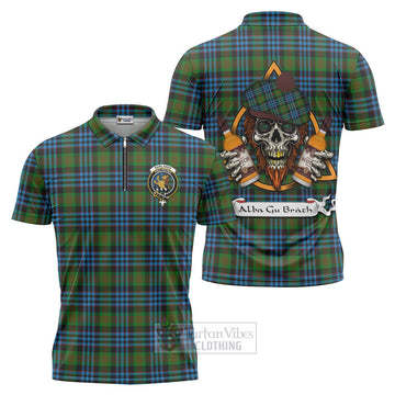 Newlands Tartan Zipper Polo Shirt with Family Crest and Bearded Skull Holding Bottles of Whiskey Unisex - Tartan Vibes Clothing