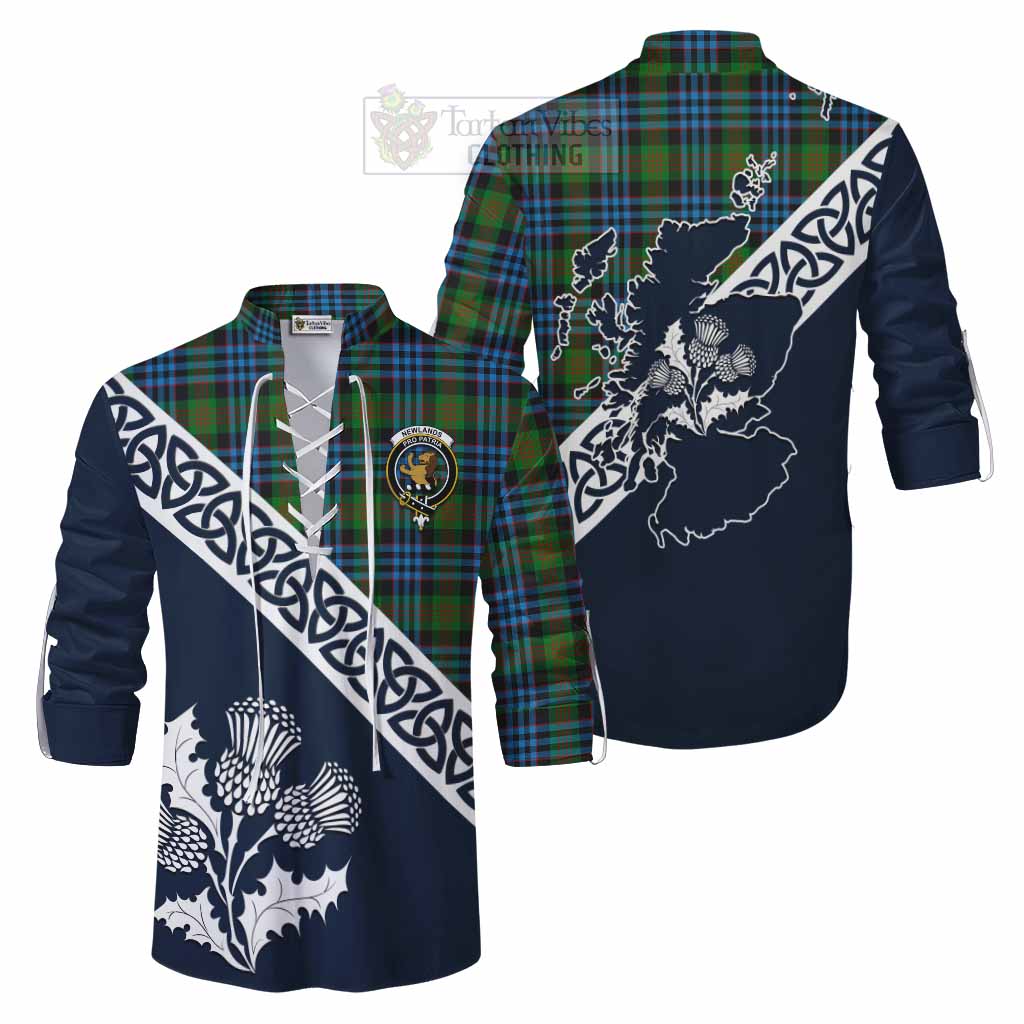 Newlands Tartan Ghillie Kilt Shirt Featuring Thistle and Scotland Map Men - Tartan Vibes Clothing