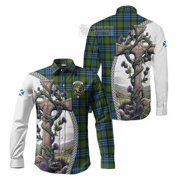 Newlands Tartan Long Sleeve Button Shirt with Family Crest and St. Andrew's Cross Accented by Thistle Vines Men's Shirt S - Tartan Vibes Clothing