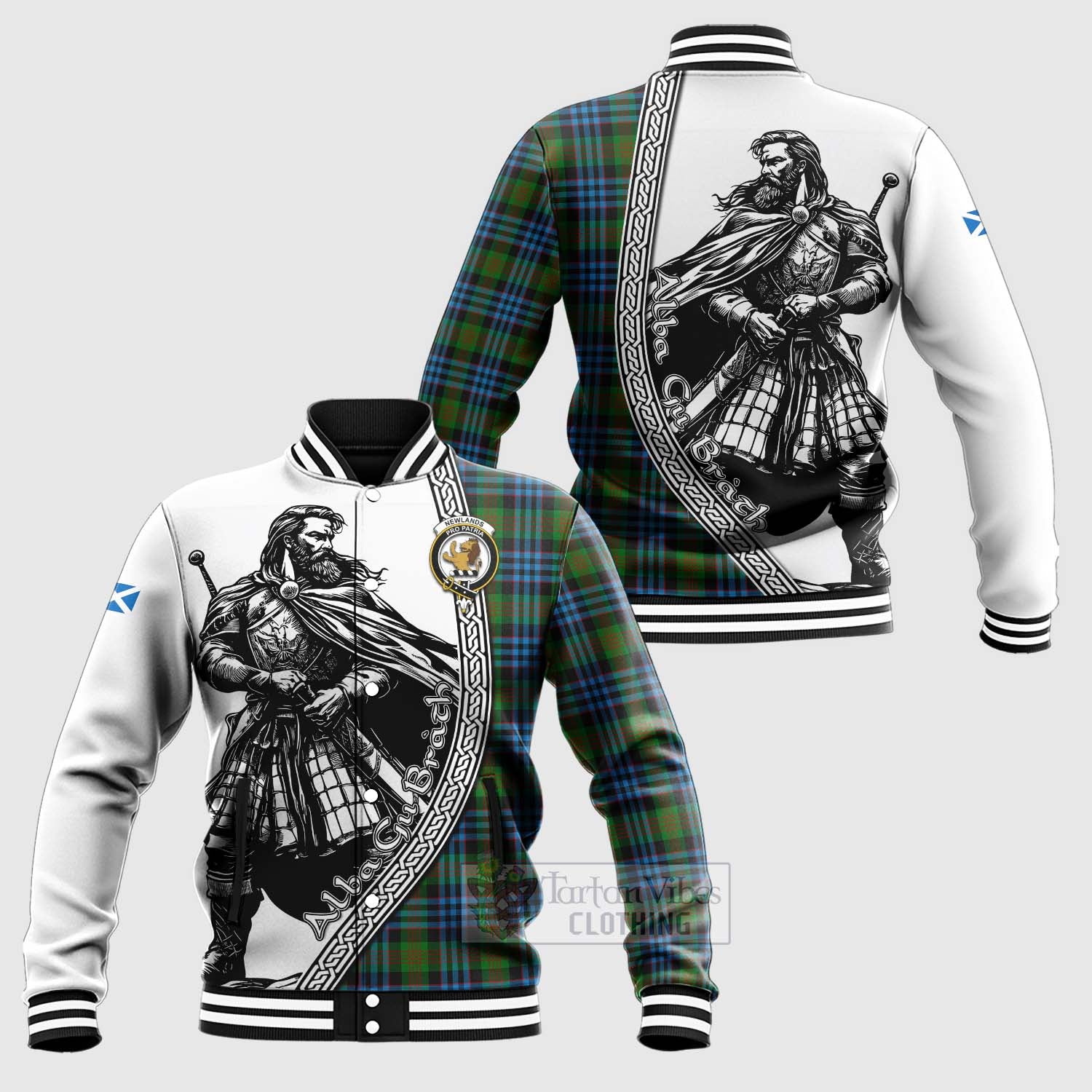 Newlands Tartan Clan Crest Baseball Jacket with Highlander Warrior Celtic Style Unisex - Tartan Vibes Clothing