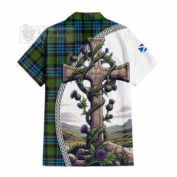 Newlands Tartan Hawaiian Shirt with Family Crest and St. Andrew's Cross Accented by Thistle Vines - Tartan Vibes Clothing